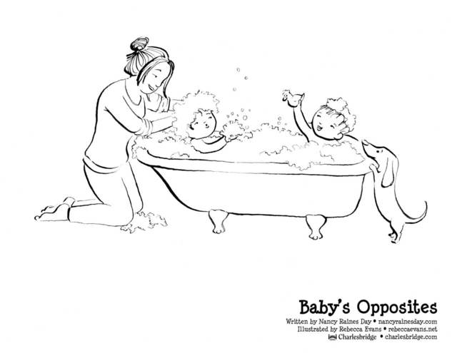 Coloring page of children getting bath